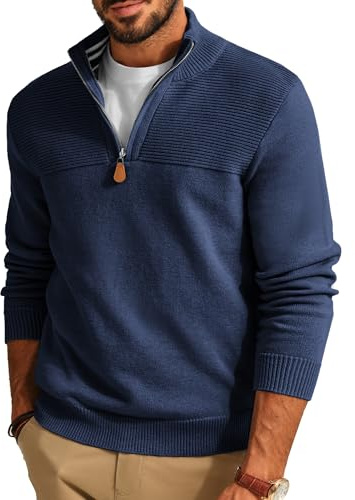 PaulJones Mens Jumpers 1/4 Zip Tops Casual Knitted Jumper Mock Neck Golf Jumpers M Navy Blue