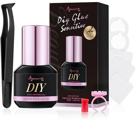 Beauty7 wimpernkleber für Wimperverlängerung For Permanent Lashes DIY Kleber Sensitive Kleber Eyelash Adhesive dauerhafter Dauerwimpern Schwarzer wasserfester Permanentkleber mit Pinzette 5ml