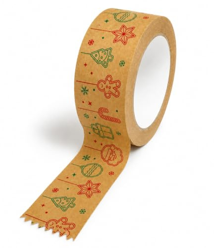 BUDMAT Weihnachtsklebeband aus Papier 48/50 m Weihnachts Packband mit Weihnachtsmotiv Geschenkband zum Verpacken von Geschenken Paketen Kartons 1 Rolle