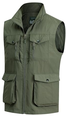 MeiLayM Gilet da Pesca da Uomo Senza Maniche Gilet Multi-Tasche All'aperto Gilet Leggero Traspirante Casual Giacca Asciugatura rapida Gilet da Campeggio Fotografia Gilet Verde militare,XL