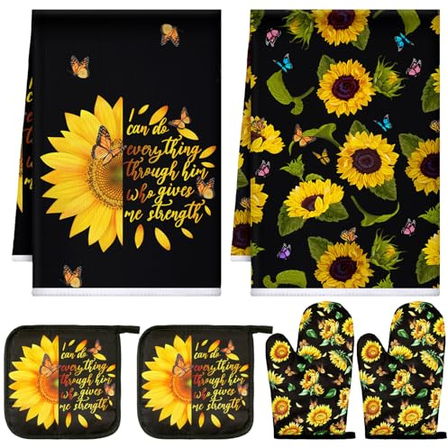 Bencailor 6 Pcs Spring Kitchen Decor Sunflower Pot Holders and Oven Mitts Sets Yellow Kitchen Towel 2 Farmhouse Cooking Mittens for Cooking Grilling Supply Accessories(Black,Sunflower)