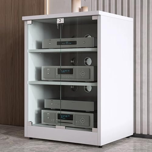 YHWKGZ Audio Rack Hi Fi Regal, Mit Glastüren Modernes Hi Fi Rack, Entertainment-Phonoschrank, Video-Record Player Stand for Spielekonsolen/DVD-Player/Projektoren/TV-Zubehör(Wit,23.6x31.4)