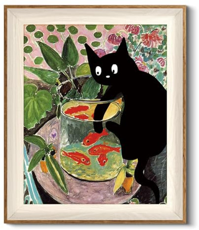 HUARCEY Gerahmt Vintage Wandbilder Wohnzimmer, Wanddeko mit Tiermotiven, Leinwand Bilder Wandbilder für Wohnzimmer & Schlafzimmer, Die Katze fängt Fische 30L x 25W cm