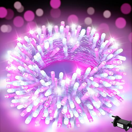 FFZZKJ Pink Christmas Lights 200 LED Pink Fairy Lights for Bedroom 66Ft/20M with Timer IP44 Waterproof String Lights Mains Powered for Christmas Decorations, Bedroom Decor, Pink&White