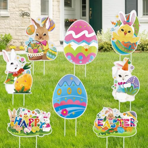 WERNNSAI Easter Bunny Outdoor Decorations - Happy Easter Yard Signs with Stakes Easter Garden Lawn Egg Bunny Decorations for Easter Party Decorations Supplies Spring Outdoor Props Decor