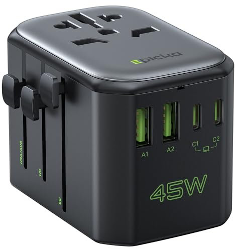 EPICKA Adattatore Universale da Viaggio 45W PD, Presa Universale da Viaggio con 2 USB C e 2 USB A, Adattatore Internazionale per Europa, Regno Unito, Stati Uniti, Giappone, Australia, Cina, UK, Nero