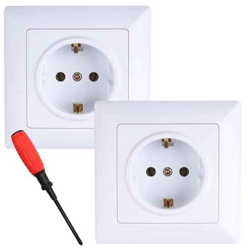 TXErfolg Lot de 2 Prise Electrique Murale 2P+T Encastrée Standard Prises, 16A 250V Prise de Courant Encastrer avec protection accrue Blanc Prise Murale avec tournevis pour usage intérieur