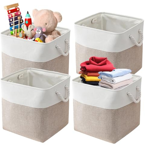 Mapille Cajas de Almacenaje, Juego de 4 Cajas de Almacenamiento de Tela, Cestas de Tela con Asas, 33x33x33cm, Organizadores de Armario, para Ropa, Armarios, Estantes, Juguetes (Caqui)