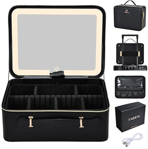 Makeup Case with LED Mirror Vanity Case Removable Light Up Mirror | PU Leather Portable Makeup Artist Carry Vanity Box with Dividers Makeup Brush Holder, Black