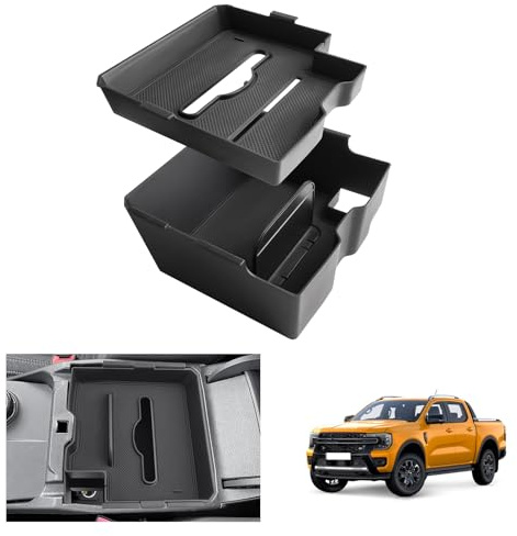 GAFAT [2 stycken] kompatibel med Ford Ranger T9 2024 2025 (elektronisk broms) mittkonsol förvaringslåda dubbla lager avtagbar, Ranger T9 Raptor Wildtrak XLT armstöd arrangör