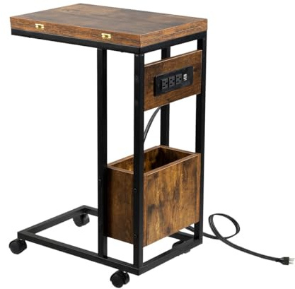 Hadulcet C Shaped End Table with Charging Station & Foldable Tabletop, Folding TV Tray Table with Storage, Laptop Table for Couch, C Table for Sofa, Living Room Bedroom Small Spaces, Rustic Brown