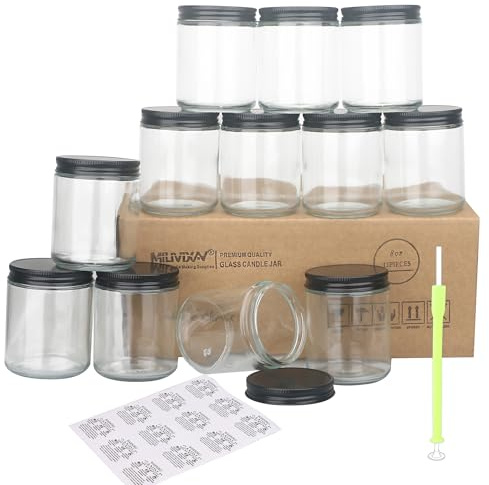 MILIVIXAY Paquete de 12 tarros de cristal grueso transparente de 237 ml (8 oz) con tapas de metal totalmente negro - Tarros de vela vacíos a granel para hacer velas - Tarro de conserva para especias