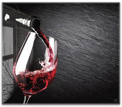 Herdabdeckplatte 60x52 cm einteilig aus 4mm ESG Glas | Rotwein im Weinglas Schieferplatte, Wein | Herd Abdeckung Abdeckplatte Induktion Schneidebrett Glasplatte für Ceranfeld