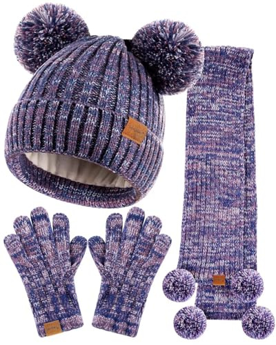 SENPUKI Handschuhe Mütze und Schal Kinder Set, Mädchen Kleinkind Kinder Beanie Mütze Winter mit Bommel Strick Halswärmer Halstuch Schlauchschal Handschuhe Fleece Gefüttert Geschenk Set(Violett-Mix)
