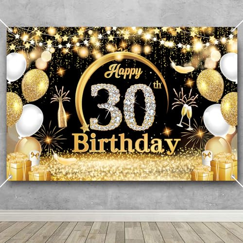 Fairymaiden 30. Geburtstag Banner Schwarz Gold Frau Mann Deko Hintergrund Happy Birthday Banner 30 Jahre Geburtstagsbanner für 30 Party Schwarz Gold Polyester mit Seil Geburtstagsdeko 150 x 100cm