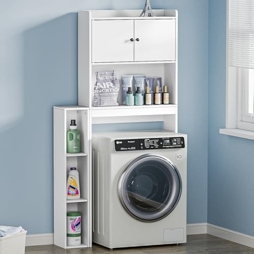 Yvsevnr Mobile per Lavatrice Bianco Mobile Sopra WC Autoportante con 2 ante, 5 Ripiani Aperti, Protezione Antiribaltamento, WC Scaffale sopra Toilette per Bagno o Lavanderia 84 x 20 x 160 cm