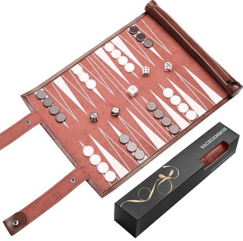 Backgammon da viaggio, gioco in legno massiccio, classico gioco da tavolo per famiglie, viaggi e amanti della strategia, portatile e durevole (marrone)