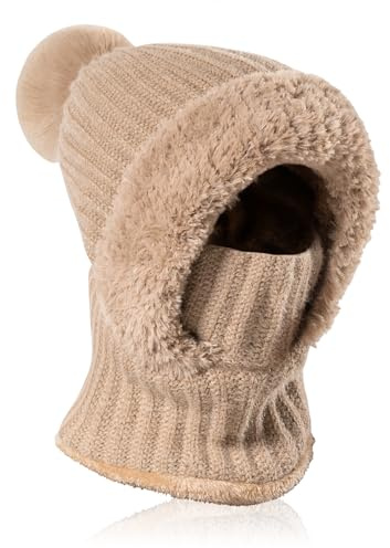 AYPOW Winter Warm Strickmütze Halswärmer-Sets, Damen Wintermütze Flexible Dickes Fleece Gefüttert Beanie Mütze mit Haarball, Frauen Multifunktional Sturmhauben Gesichtsmaske für Outdoor-Sportarten