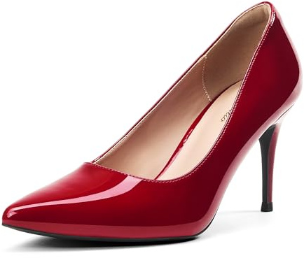 GENSHUO Escarpins à Talons Hauts pour Femme Bout Fermé Talons Aiguilles de 8 cm Chaussures de Soirée, Rouge Verni, 41 EU