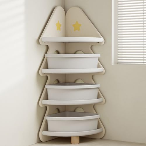 KCCRHIN Libreria Ad Albero per Bambini, Mobile Angolare A 4 Livelli, Libreria Angolare Salvaspazio Scaffale Porta Giocattoli/Libri Illustrati per Camera Sala Giochi Asilo,Beige,with Boxes