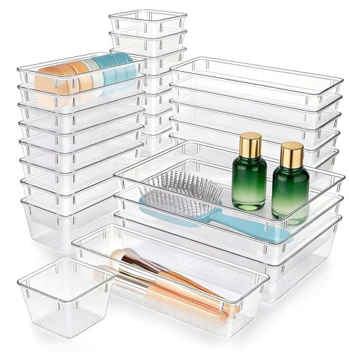 Alyxen 25 Organizzatori per Cassetti Trasparenti a Punti, 4 Misure Incluse - Sistema di Organizzazione per Ufficio, Trucco,Cucina,Bagno per Cosmetici, Cancelleria, Piccoli Oggetti