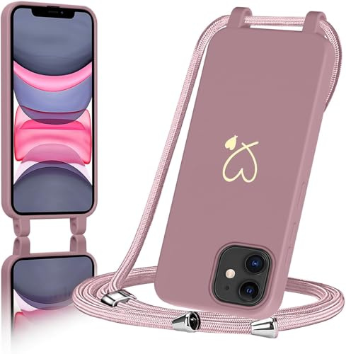 AoozeFon für iPhone 11 Hülle mit Band, Handyhülle iPhone 11 mit Kordel zum Herz, Schutzhülle Handyband mit Umhängen Abnehmbare Weich TPU Liquid Silikon Bumper，Rosa