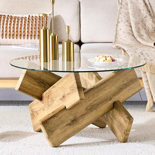 BTM Table Basse Ronde MDF + Verre Multicolore, Cadre Bois Croix Créatif, Design Simple Moderne, 79cm Diamètre Verre Trempé 0.8cm