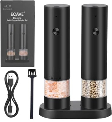 ECAVE Electric Salt and Pepper Grinder Set USB Rechargeable Automatic Mills with Storage Base, Adjustable Coarseness Ceramic Spice Grinder, Washable Container for Kitchen, Picnic, BBQ & Camping