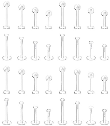 Dochais 32-82 Pièces Retainers Piercing Acrylique Transparent, Piercing Nez Septum Lèvre Langue Mamelon Nombril Oreille Cartilage, Anneaux Piercing Plastique Invisible pour Chirurgie IRM