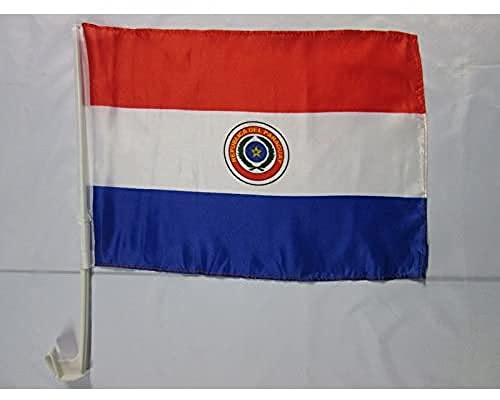 AZ FLAG Bandera de Coche Paraguay 45x30 cm Poliéster Malla Ventosa | Uso exterior Enseña para coche paraguaya acabado cosido resistente al exterior con mástil de plástico poliéster de malla