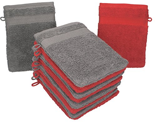 Betz 10 Stück Waschhandschuhe Premium 100% Baumwolle Waschlappen Set 16x21 cm Farbe rot und anthrazit