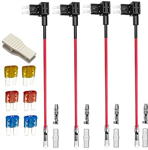 Gebildet 4pcs 12V 24V Add-a-Circuit Micro 2 Fuse Tap, Piggy Back Blade Holder With Wire Harness, 6 pcs Micro 2 Fuse (5A 10A 15A) and Puller