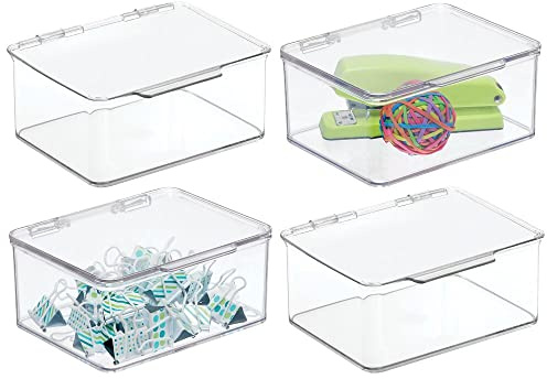 mDesign 4er-Set Schreibtisch Organizer – stapelbarer Büro Organizer aus BPA-freiem Kunststoff – kleine Aufbewahrungsbox mit Klappdeckel für Stifte, Radiergummi und anderes Bürozubehör – durchsichtig