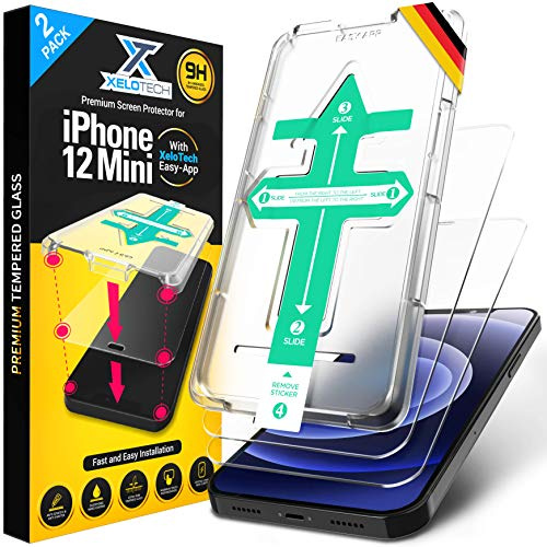 XeloTech Schutzglas für iPhone 12 Mini - Echtes hartes 9H+ Premium Glas - 2 Gläser - Einfache installation mit Schablone