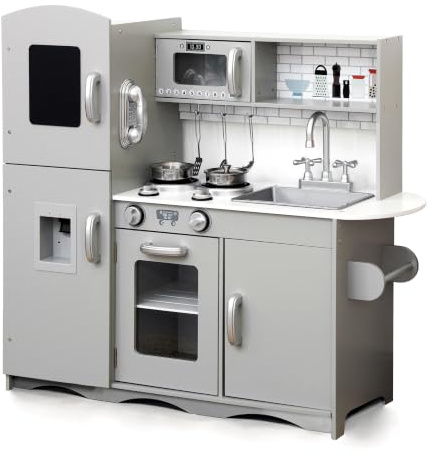 KIDOZ Signature Kids Kitchen, Large Pretend Play Kitchen with Lights and Sounds Realistic Oven, Microwave and Sink With Taps, Wooden Kitchen Playset (Grey)