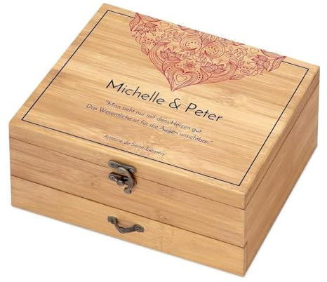 Maverton Weinöffner-Set personalisiert Weinset Sommelier Set - Geschenkbox Holzbox + 8er Weinzubehörset - aus Bambus - Braun - Geschenk Hochzeit Hochzeitstag Paar - Herz