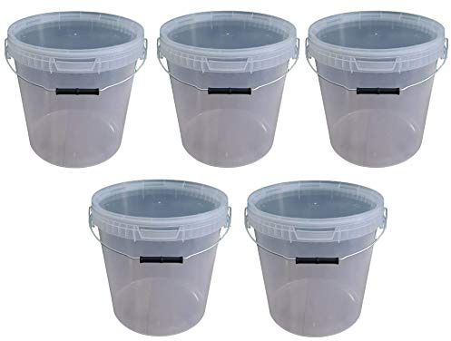 5 x 25 Liter Eimer mit Deckel transparent, stapelbarerer Milch-/Vorratseimer, Honigeimer Kunststoffeimer mit Lebensmittelfreigabe, Lebensmittelechte Behälter, Leereimer für Mehl, Wassereimer, 5 Stück