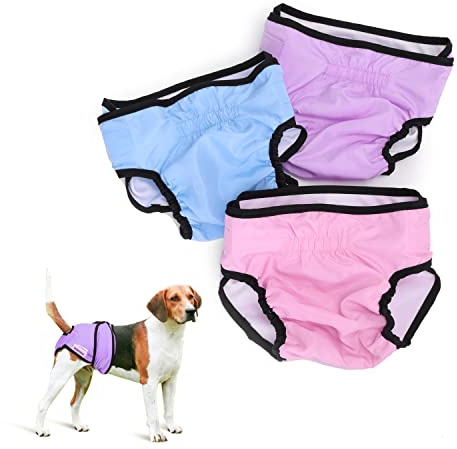 Nobleza 3X Waschbare Hundewindeln für Hündinnen, Wiederverwendbare Hygienische Hunde Windeln, Hochsaugfähige Hundehöschen Läufigkeit(M Taille 32-37.5cm, 3er Packung, Blau, Rosa und Violett)