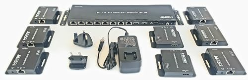 FOURKAY 1x8 HDMI Splitter over CAT6 1080p 70m, Loop Out, PoC, IR, HDMI 1.4 | Incl 8 Receivers, RX Powered over CAT6, IR PassBack; Loop Out for Local TV, EDID Dip Switches, Splitter Extender, SPHD18E-70