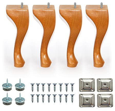 8'' Queen Anne Wooden Furniture Replacement Legs Colours M8 Thread With Level Mounting Plates Protective Felt Pads Set Of 4 Replacement Legs For Sofa Cabinet Footstool Chair Bed Ottoman (Sand Oak)
