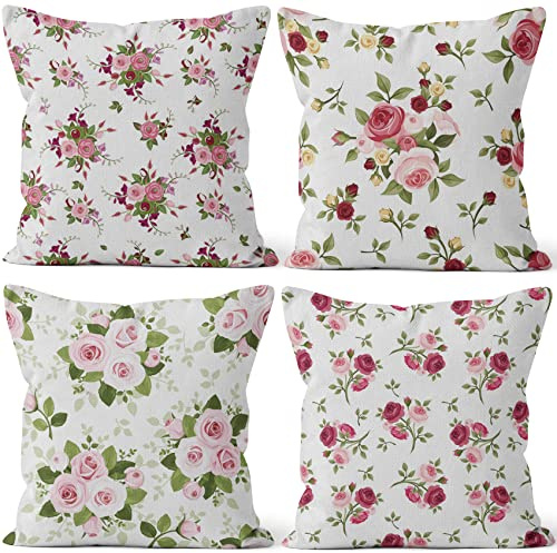 Aoihrraan Fundas de Cojín Pack de 4, 51x51cm Flor Rosa Hojas Verdes Lanzar Cubiertas Decorativo Cuadrado Almohada Caso, Lino Lanzar Fundas De Almohada con Cremallera Invisible por Sofá Dormitorio