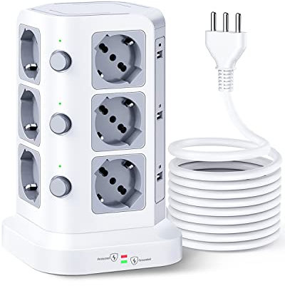 [5M Cavo] KOOSLA Ciabatta Elettrica con 12 Prese Universali ITA 10/16A e Schuko e 6 slot USB-A(4000W/16A), Multipresa verticale protezione sovratensione, 5M Cavo, Bianco