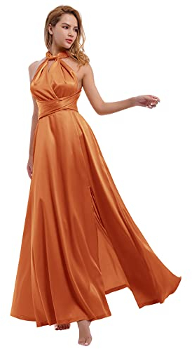 Abito da donna in raso trasformatore infinito con abito da damigella d'onore convertibile a fascia divisa lungo formale Twist Wrap Multi-Way Dress, Satinato caramello, L