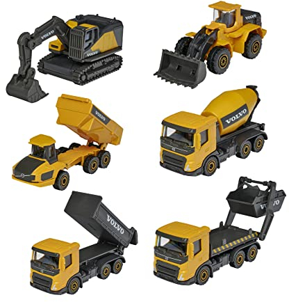 Majorette – Volvo Baustellenfahrzeuge – Bagger, Kipplaster, Radlader, Betonmischer, Knicklenker, LKW mit Container, Lieferung 1 Stück- zufälliges Modell,Spielzeugautos aus Metall