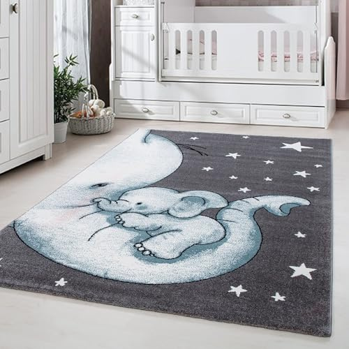 Carpetsale24 Kinderteppich Elefantenmotiv Blau 120x170 cm – Rechteckiger Spielteppich für Jungen & Mädchen – Hautsympathisch & Liebevoll gestaltet