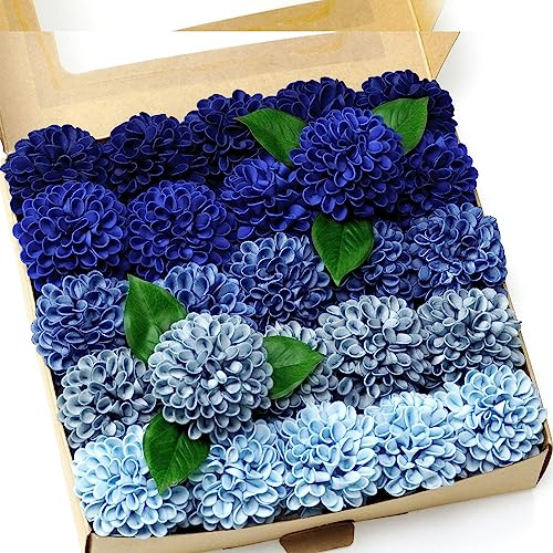 Piklado Lot de 25 fleurs de dahlias artificielles avec tige pour décoration de mariage, centres de table, arrangements de bouquets (nuances de bleu marine)
