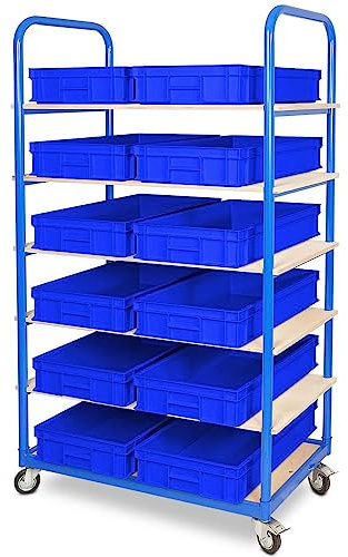 BRB Etagenwagen mit 6 Ebenen, BxTxH 1050x500x1690 mm, bestückt mit 12 Euroboxen BxTxH 600x400x120 mm (blau)