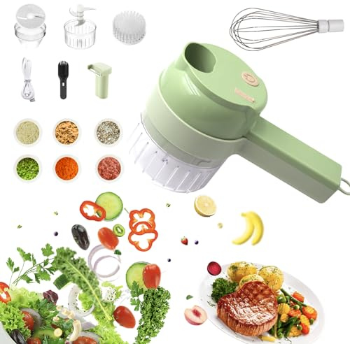 MOTPIUOC Multi-Functional Portable Wireless Vegetable Processor Electric 4-in-1 Vegetable Cutter Set, Easy to Charge, for Garlic, Chili, Celery, Meat, With Cleaning Brush, With Egg and Cream Whisk.