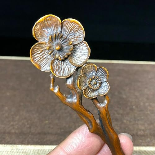 6.7Old Boxwood Japanese Netsuke Collectible Vintage Plum Blossom Hairpin Statue