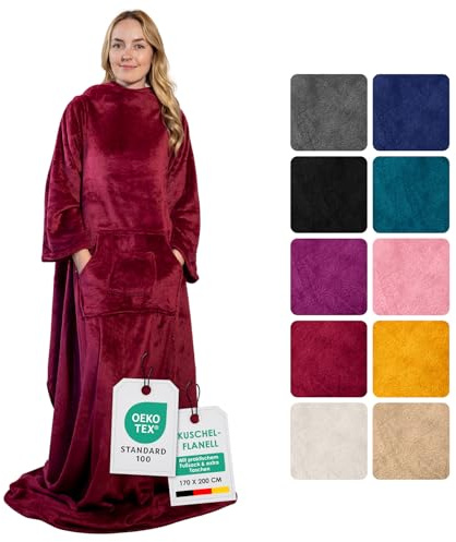 heimtexland ® Ärmeldecke TV Kuscheldecke mit Ärmeln Taschen Fußsack Super Soft Flanell tragbare Decke Ganzkörperdecke Typ870 Bordeaux Rot 200x170 cm